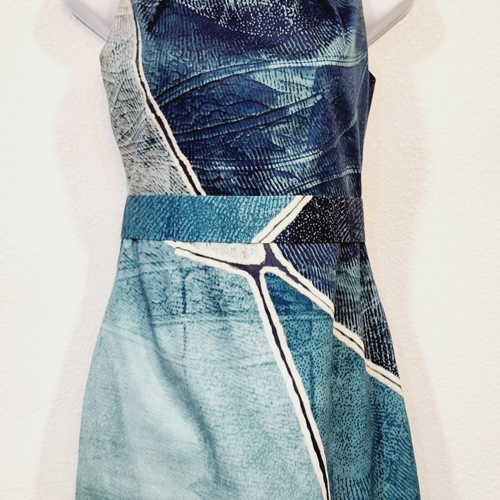 ELIE Tahari Rare Aquamarine dark blue liquid marble Sheath Dress Size 0 - Picture 3 of 11